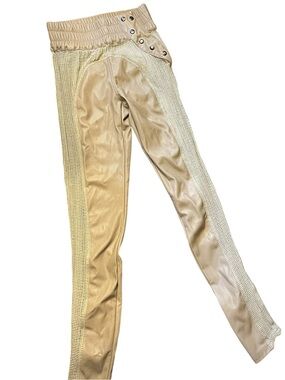 Beige Skinny Faux-Leather Pants with Knit Side Panels